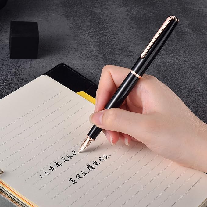 HongDian 920 Black Metal Fountain Pen, Rose Gold Plated Fine Nib Smooth Writing Pen, Classic Pen with Ink Converter