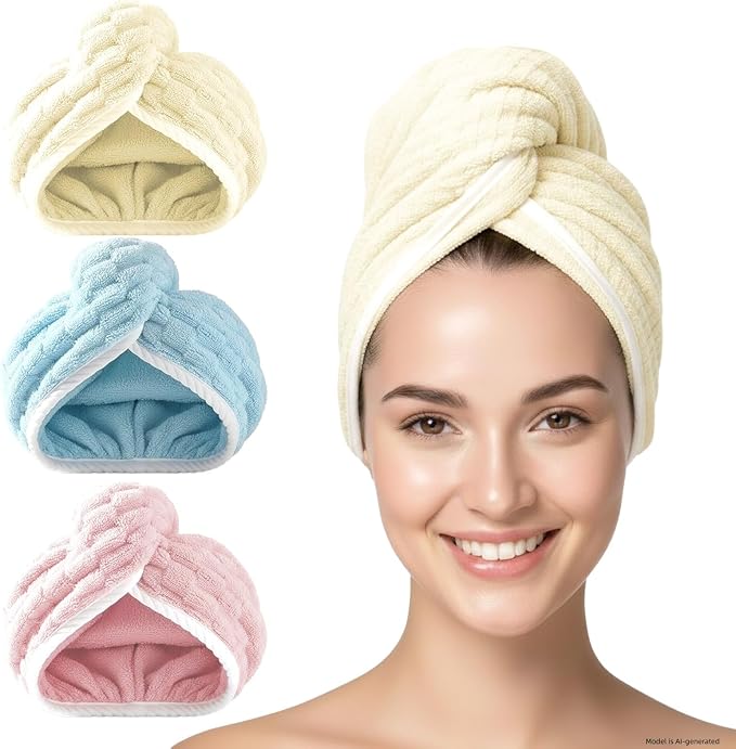 3 Pack Microfiber Hair Towel Wrap for Women, Fast Drying Hair Turban with Button, Anti-Frizz Large Hair Towel for All Hair Styles, Soft & Absorbent Hair Drying Towel
