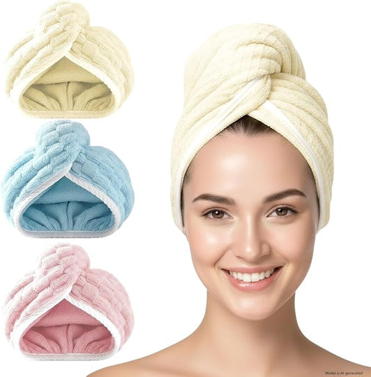 3 Pack Microfiber Hair Towel Wrap for Women, Fast Drying Hair Turban with Button, Anti-Frizz Large Hair Towel for All Hair Styles, Soft & Absorbent Hair Drying Towel