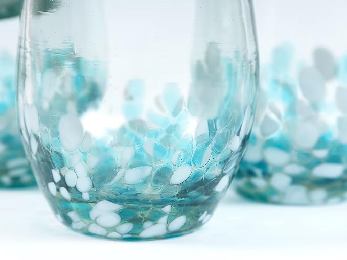 9 oz Hand Blown Mexican Drinking Glasses - Set of 6, 9 fl oz each, Ocean Blue Confetti