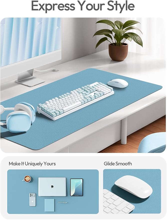 YSAGi Leather Desk Protector, Office Mat, Large Mouse Mat, Non-Slip PU Leather Blotter, Laptop Desk Mat, Waterproof Writing Pad for Office and Home(Sea Blue, 63" x 24")
