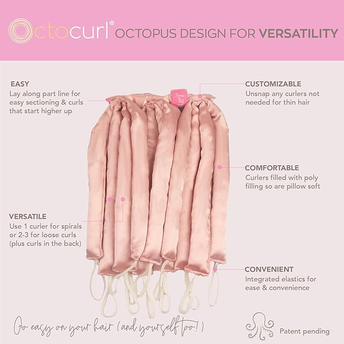 Octocurl No Headband Heatless Hair Curler – Soft Octopus Curling Wrap for Overnight Curls, Spiral, Loose, Beach Waves, Damage-Free Styling for Medium Length Hair (Satin - Pink)