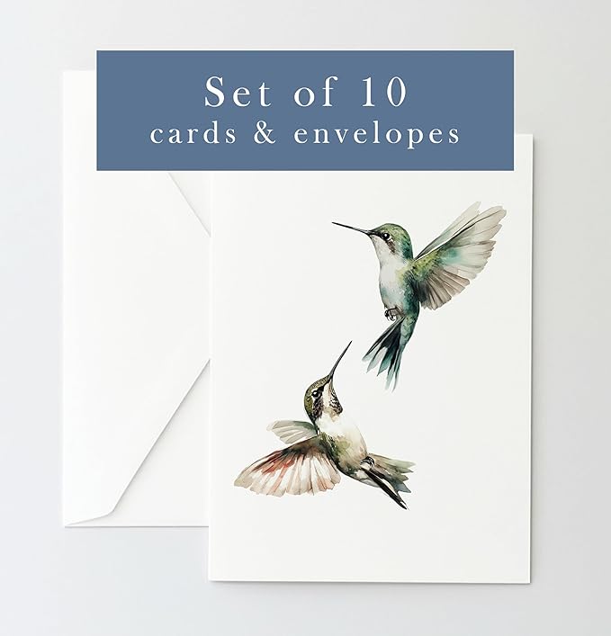 Hummingbirds Greeting Cards - Set of 10 All Occasion 5x7 Note Cards with Envelopes. Blank Inside. Watercolor Images of Hummingbirds in Flight.