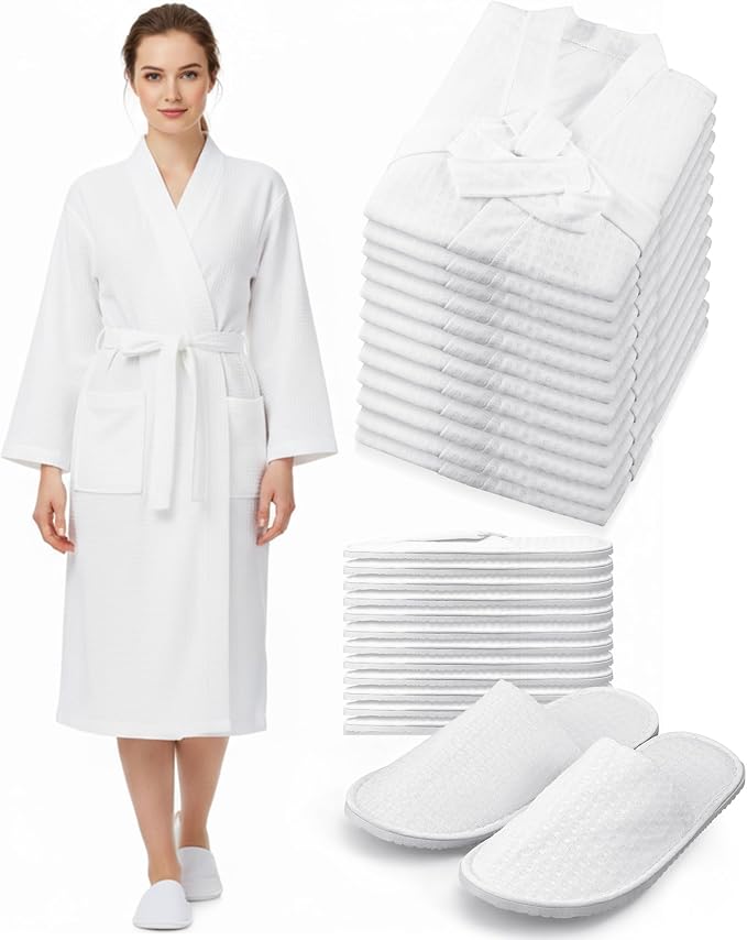 Jecery Waffle Bathrobe and Slippers Bulk Set Spa Robes Hotel Bath Lightweight Thin Commercial Soft for House Shower Party