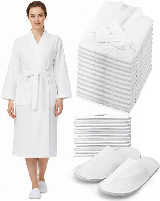 Jecery Waffle Bathrobe and Slippers Bulk Set Spa Robes Hotel Bath Lightweight Thin Commercial Soft for House Shower Party