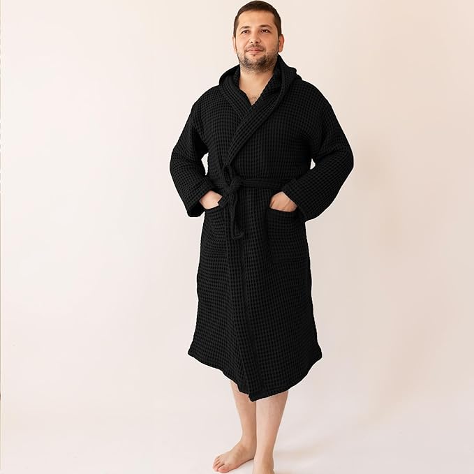 100% Turkish Cotton Men's Waffle Robe with Hooded, Premium Soft Cozy Housecoat or Quick-Dry Bathrobe for Mens