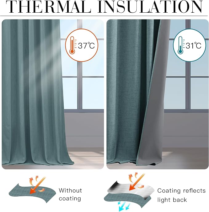 RYB HOME 100% Blackout Linen Textured Curtains 90 inches Long, Thermal Insulating Privacy Energy Saving for Bedroom Living Room Window Office Theater Baby Nursery, W 52 x L 90 in, Misty Blue, 2 Pcs