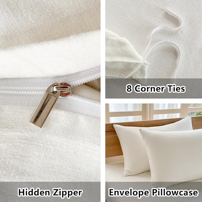 100% French Flax Linen Duvet Cover Set Twin, 2-Piece Soft Breathable Cooling Bedding for Hot Sleepers, Natural Washed Linen with Zipper Closure & 8 Corner Ties (Twin, White)