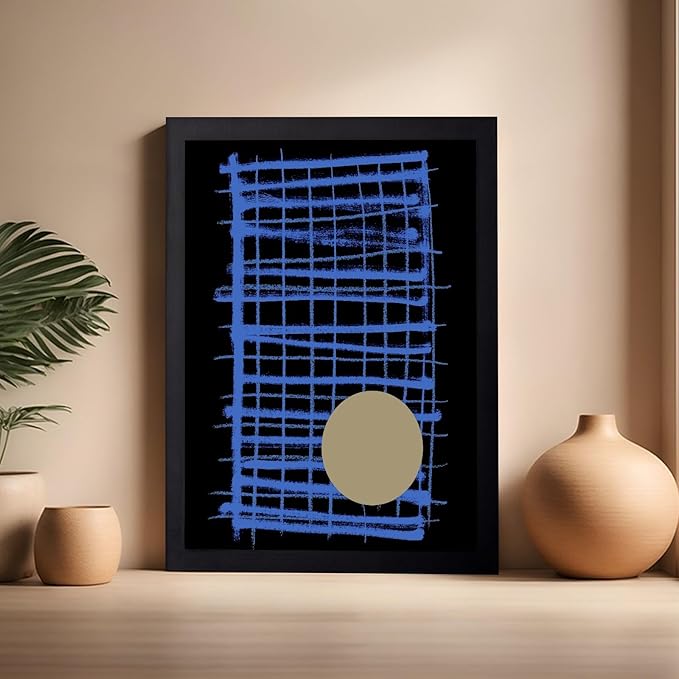 Monem Art Blue Grid Abstract Geometric Print - Modern Minimalist Art Poster - Wall Decor for Living Room, Bedroom or Office - 16x20 Black Framed Wall Art by Mareike Bohmer