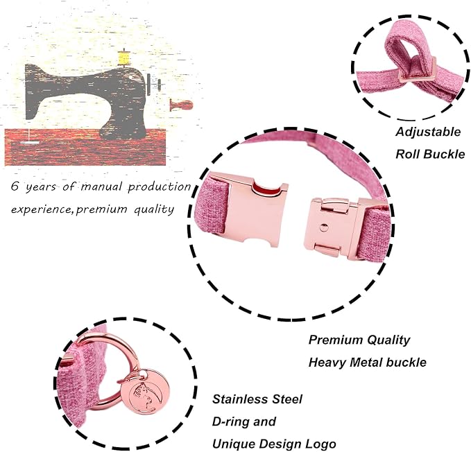 DOGWONG Hemp Cotton Dog Collar with Bow, Pink Pet Collar Durable Adjustable Girl Puppy Collar for Small Medium Large Dogs