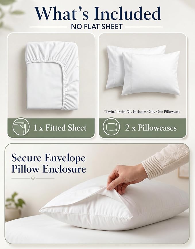 LANE LINEN Twin Fitted Sheets, 100% Organic Cotton 2-Piece Set (1 Fitted Sheet, 1 Pillowcase), Percale Weave, Bottom Sheet, Soft, Breathable, Fits Mattress Upto 15' Deep - White (No Flat Sheet)