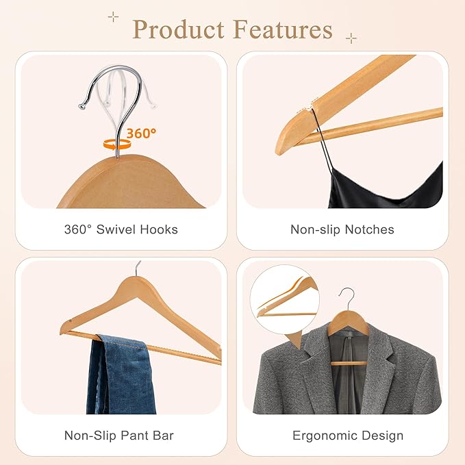 ZENY Premium Wooden Hangers 50 Pack, Coat Hangers with 360-Degree Rotatable Hook, Clothes Hangers for Suit, Shirts, Jackets, Dress, Pant (Natural)