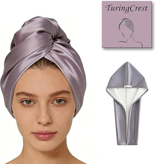 Microfiber Hair Towel Wrap for Women, Thickened Quick Dry Hair Turban with Satin Elastic Band, Hair Drying Towel for Long Hair (Purple)