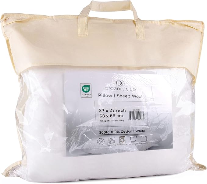 Wool Pillow – 100% Cotton Cover, Breathable & Temperature Regulating Bed Pillow, Natural Sheep Wool Fill, Hypoallergenic Sleeping Pillow (Square, Medium, Sheep Wool)