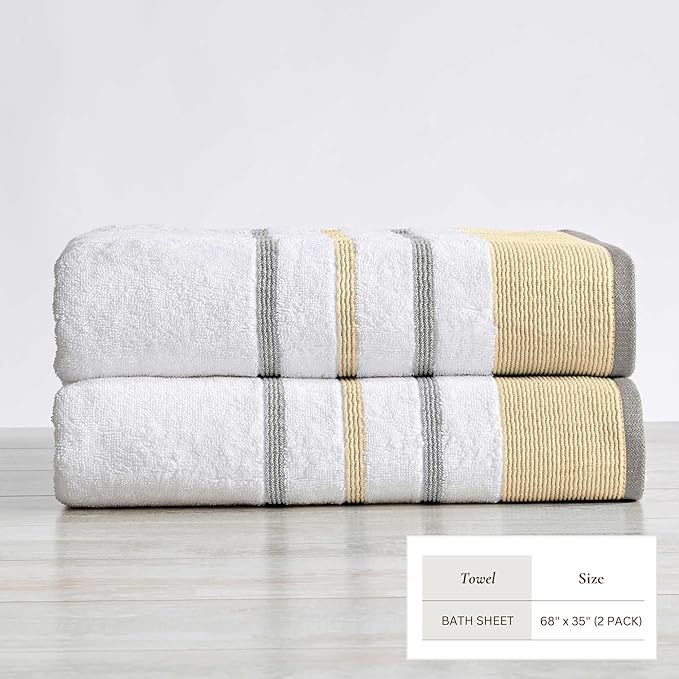 Great Bay Home Decorative Oversized Bath Sheet Set - Cotton 2 Pack 68x35 Extra Large Towels - Durable Towels for Bathroom Decor (Gold/Grey)