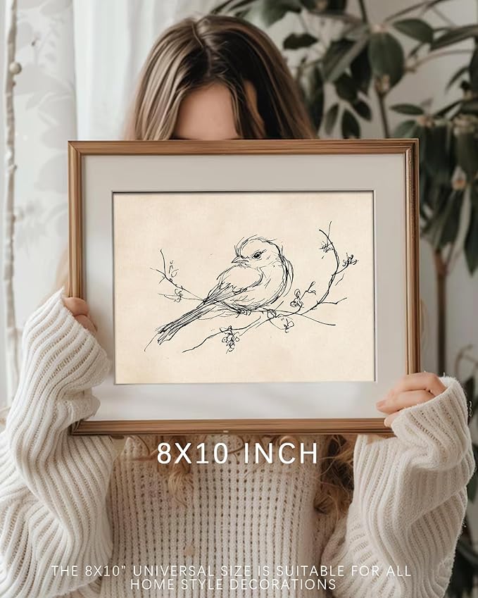 Vodefoad Vintage Sketch Bird Canvas Wall Art Minimalist Bird Sketch Art Prints Painting Retro Antique Nature Line Drawing Wall Picture Farmhouse Beige Decor for Gallary, Bedroom, Bathroom, Office, Desktop Decor - 8x10Inch Unframe