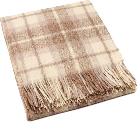 Superfine Alpaca Wool Throw Blanket - Lightweight Alpaca Merino Wool Throw Blankets | Soft Peruvian Alpaca Blanket Wool Blanket Scottish Design 70" x 60" (Beige/Ivory/Brown)