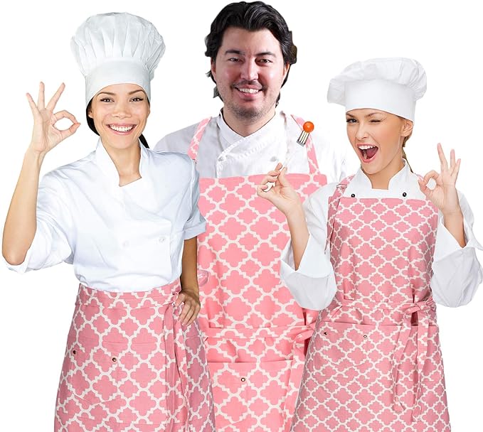 LessMo Kitchen Cooking Aprons with 3 Pockets for Men Women - Cotton Adjustable Professional Grade Chef Apron for Kitchen, BBQ & Grill (Pink)