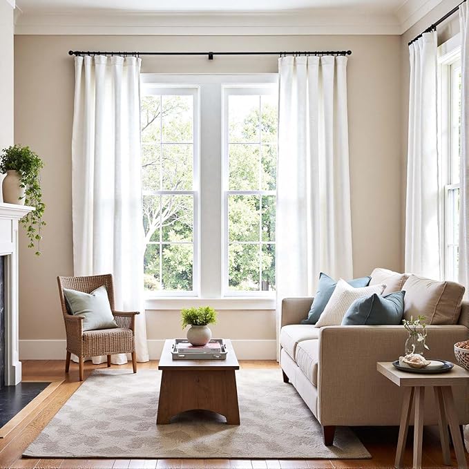 jinchan Soft Linen Curtains Set 2 Panels, Off White Curtains 63 Inch Length, Farmhouse Light Filtering Drapes for Living Room Bedroom, Sheer White Drapes Back Tab Top (W50 x L63, Off White)