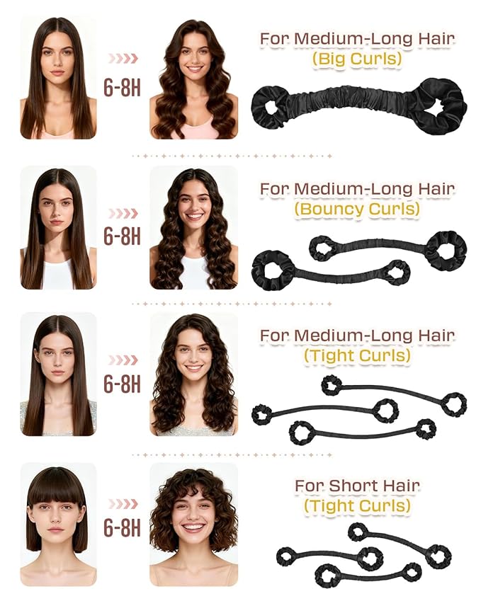 BONNET QUEEN Multi-function Satin Heatless Hair Curler & Hair Tie Non-Heating Hair Roller Curling Rod with Scrunchie, Large, Black(For Big Curls)