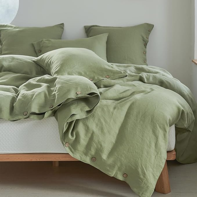 Simple&Opulence 100% Linen Duvet Cover Set 3pcs with Coconut Button Closure Natural French Washed Flax Solid Color Soft Breathable Farmhouse Bedding - Sage Green, King Size
