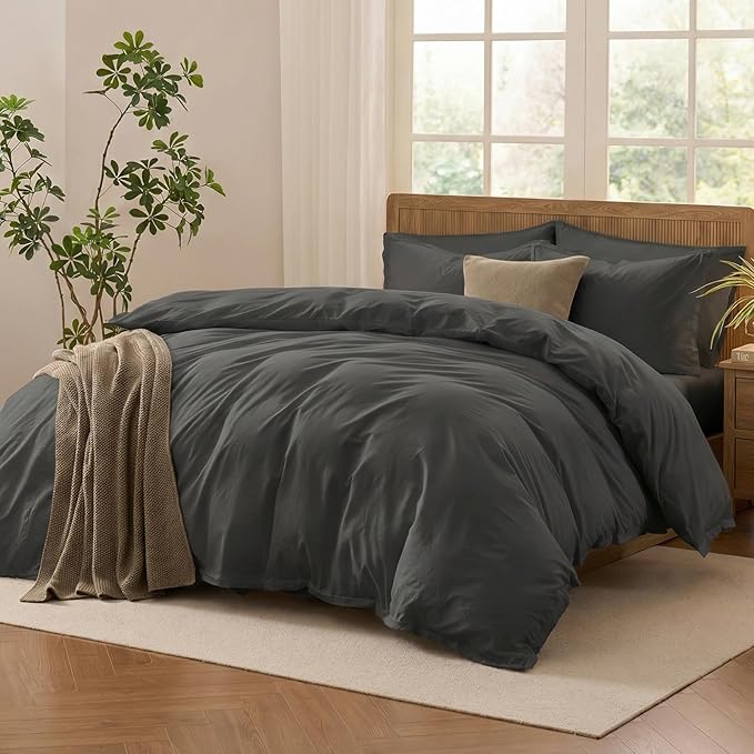 Duvet Cover Set Queen Size, 100% Washed Cotton, Light Weight Breathable Comforter Cover Linen Feel,3PCs Breathable Bedding Set for All Season, Grey 90"x90"