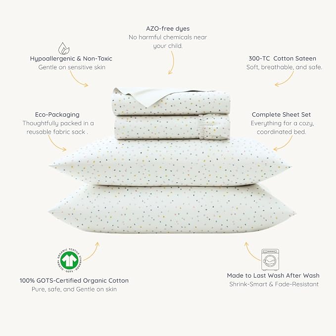 MakeMake Organics Organic Queen Sheet Set (4 Piece) GOTS Certified Organic Cotton Sheets Non Toxic Safe Fitted, Flat Sheet, Pillowcases (Dotty)