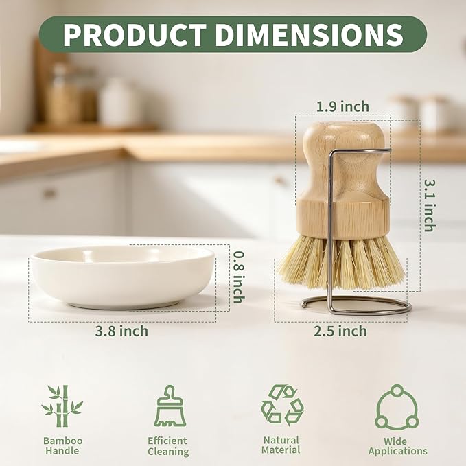 6 PCS Bamboo Dish Brush Set - Natural Scrub Brush for Dish with Tray and Drain Holder, Wooden Dish Scrubber for Kitchen Cleaning Dishes, Pots, Pans and Vegetables (6)