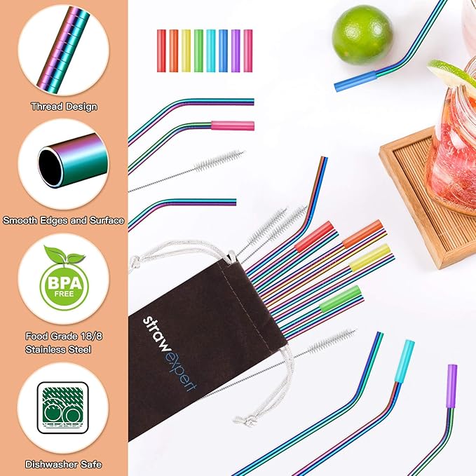 StrawExpert Set of 16 Reusable Stainless Steel Straws with Travel Case Cleaning Brush Silicone Tips Eco Friendly Extra Long Metal Straws Drinking for 20 24 30 oz Tumbler, Rainbow