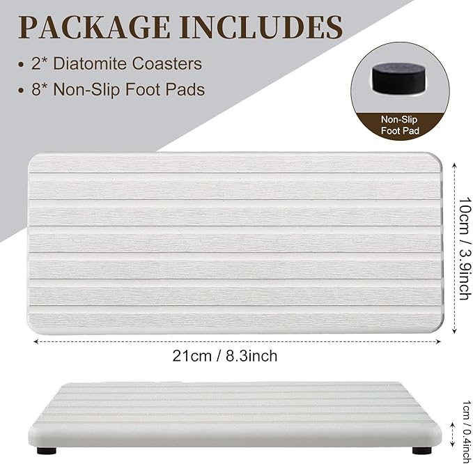 2 PCS Premium Diatomite Coasters with Grooved Design - Ultra Thirsty Absorbent Stone Tray for Soaps Dish, Plants, Toiletries - Keep Your Bathroom & Kitchen Counter Tops Dry & Tidy (8.27 x 3.94 Inches)