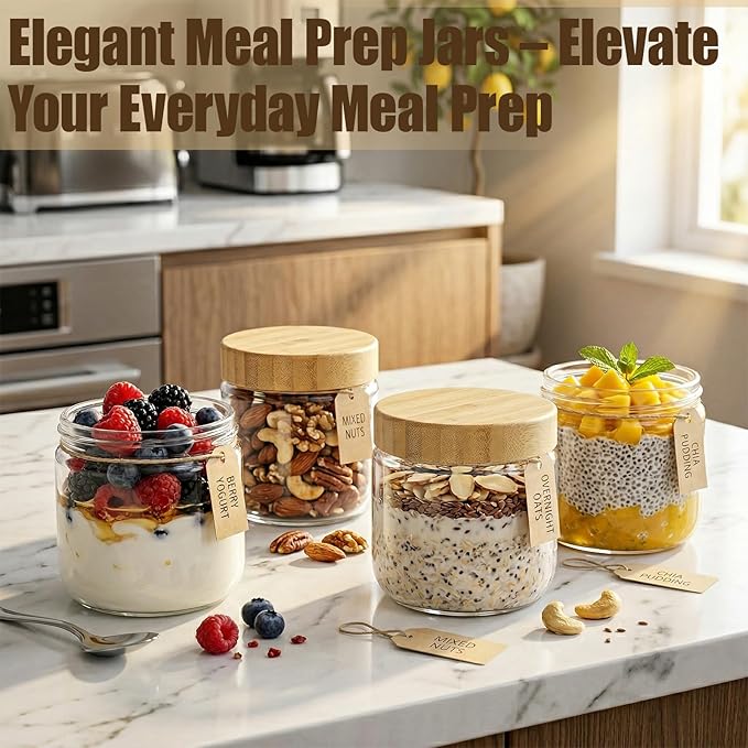 4 Pack 10oz Glass Jars with Bamboo Airtight Lids - Wide Mouth Food Storage Containers for Yogurt Chia Pudding Salad Spice Sugar