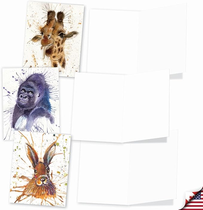 The Best Card Company - Assorted All Occasions Animal Watercolor Blank Greeting Notecard Box Set - Incl. 10 Unique Designs + Envelopes, Thank You, Invitations - Wildlife Splash AM2954OCB-B1x10