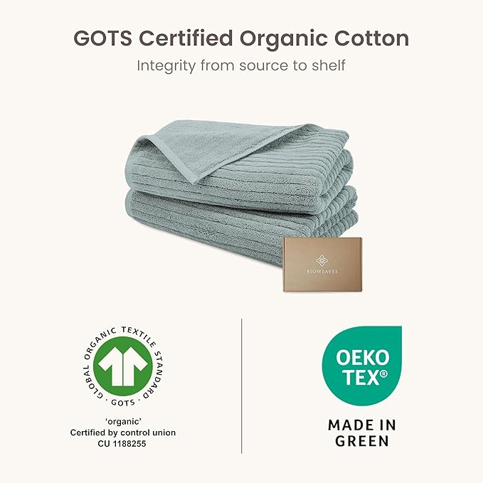 BIOWEAVES 100% Organic Cotton 700 GSM Luxury Ribbed Bath Towel Set for Bathroom 30" x 58" GOTS Certified - ICY Fjord, Pack of 2