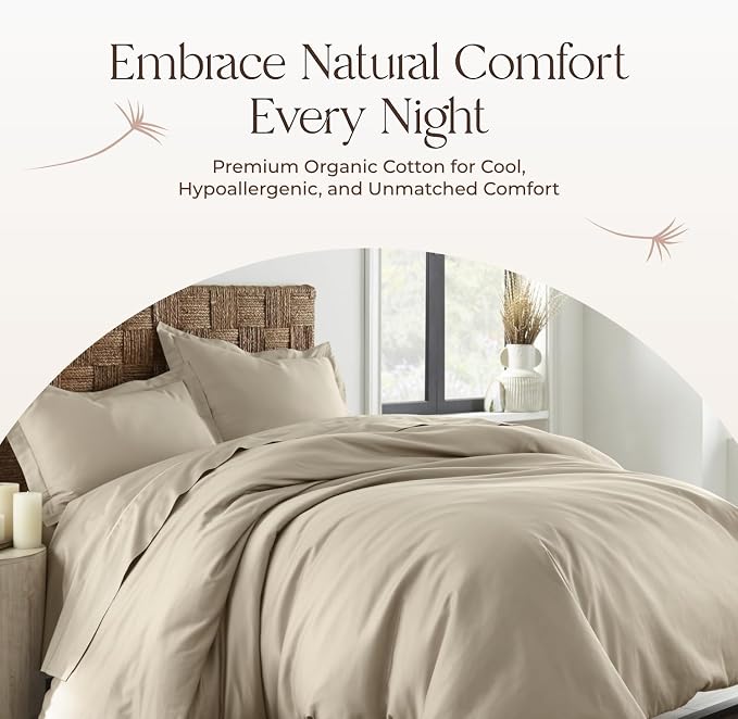 100% Organic Cotton Duvet Cover Queen Size - Naturally Soft Lightweight & Cooling Duvet Cover Set with Decorative Shams - Premium GOTS Certified 300 Thread Count Sateen Weave (Dune, Queen)