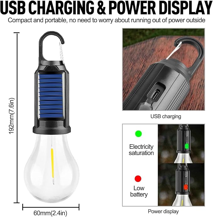 Solar Camping Lantern, Portable LED Solar USB Rechargeable Lantern Flashlight Emergency Hanging Light for Indoor Outdoor Home Power Outages Hiking Hurricane (1pcs)