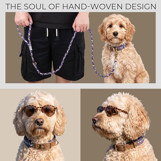 Tirevt Hand-Woven Dog Collar and Leash Set:Color-Block Design, Premium Reinforced Buckle, Adjustable Artisan Paracord for Puppies, Small, Medium & Large Dogs (Purple, S)