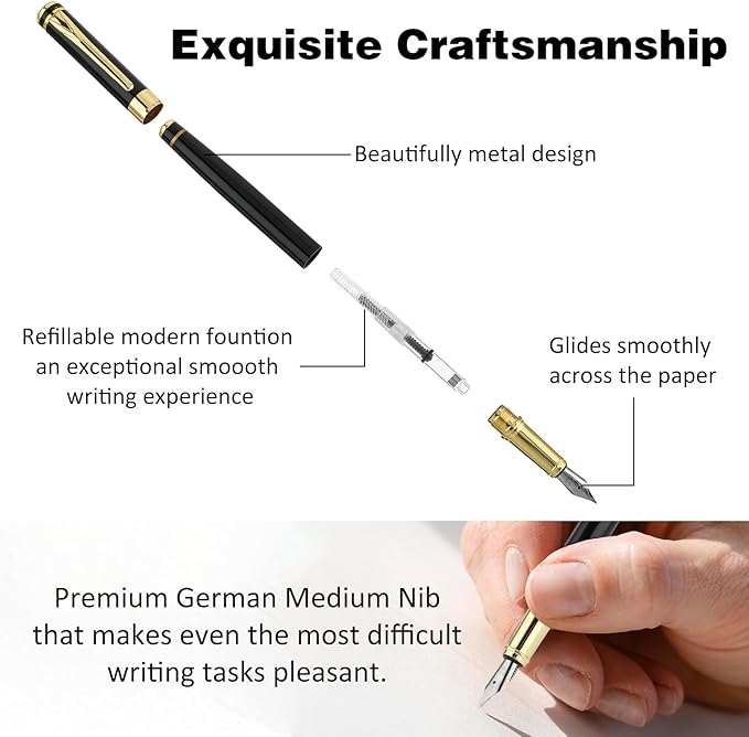 cobee Luxury Metal Fountain Pen, Fine Nib Fountain Pen Business Smooth Writing Pen with Ink Converter 5 Ink Cartridges Gift Box Calligraphy Pens for Writing Journaling Signature