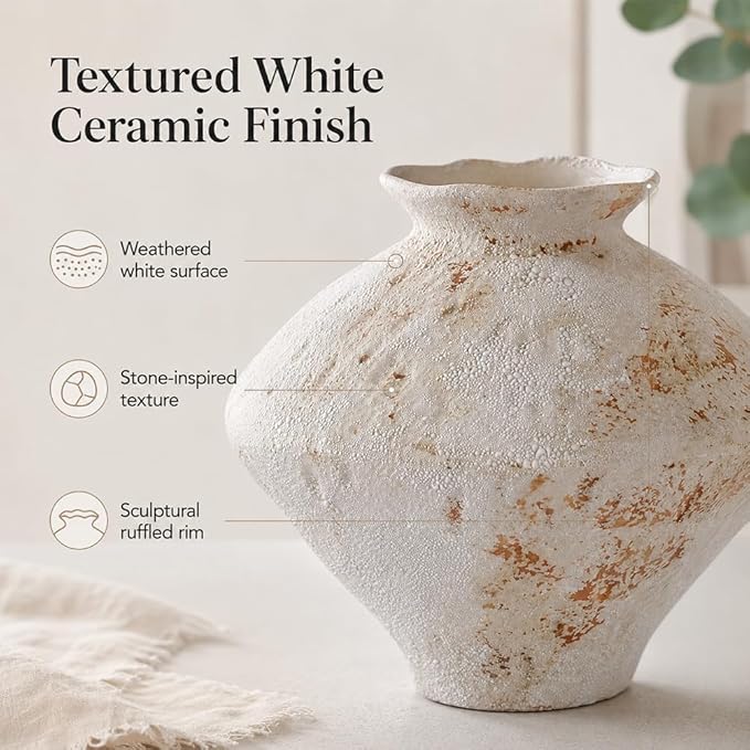 Large Wabi Sabi White Vintage Ceramic Vase, 11" Rustic Pottery Vase for Centerpieces, Textured Decorative Flower Vases for Table, Living Room, Bedroom, Bathroom, Kitchen, Farmhouse Home Decor Gifts