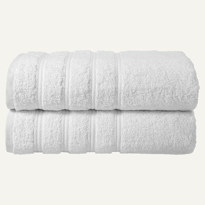 Briarwood Home Medley Bath Towels 2-Pack 27"x54", Soft, Quick-Dry, Super Absorbent, 100% Organic Cotton, Dobby Ribbed Border, Lightweight, Lint-Free, Fade-Resistant Bath, Gym, Spa - White