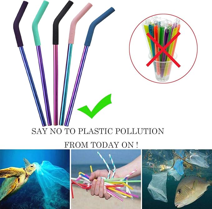 Senneny Set of 5 Stainless Steel Straws with Silicone Flex Tips Elbows Cover, 2 Cleaning Brushes and 1 Portable Bag Included (Colorful)- 8mm diameter