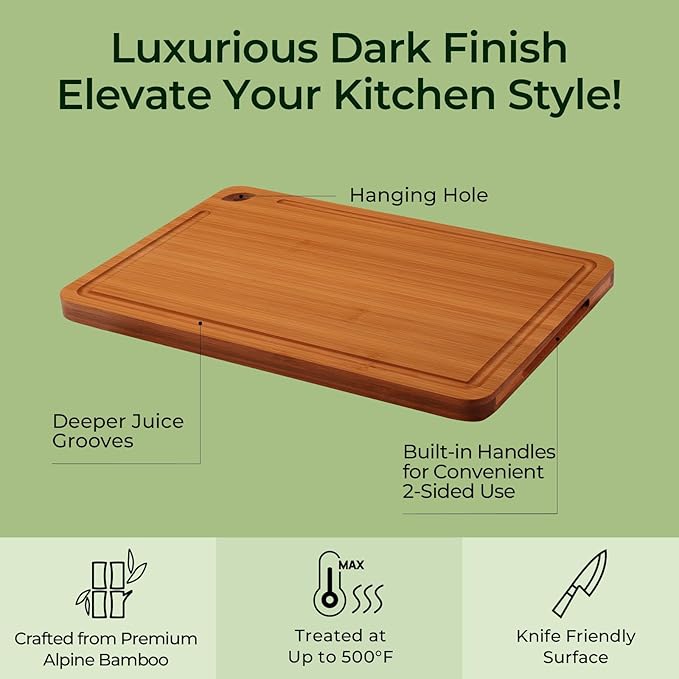 Keechee Butcher Block 2-Pcs Carbonized Bamboo Cutting Board Set With Juice Groove For Meal Prep & Cheese Serving - Ideal Kitchen Gift Set of 2 (M+L)