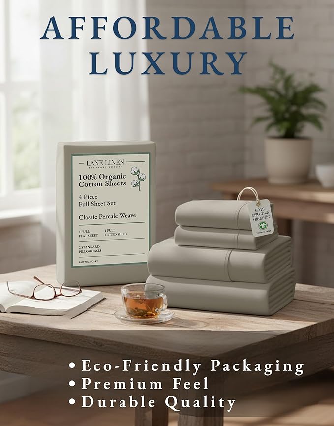 LANE LINEN 100% Organic Cotton Eco Friendly Full Size Sheet & Pillowcase Sets, 15" Deep Pocket Fully Elasticized Soft & Comfy Percale Bedding, Naturally Temperature Regulating Sheets Full- Silver