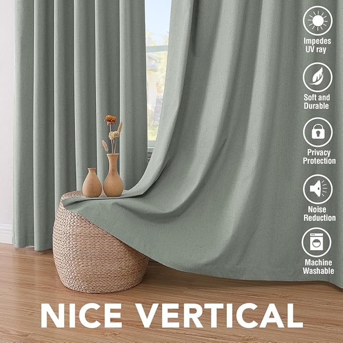 H.VERSAILTEX Linen Curtains 100% Blackout Curtains for Bedroom 90 inch Long Full Light Blocking Nature Linen Blended Window Curtains for Living Room Nickel Grommet (2 Panels, Green Bay)