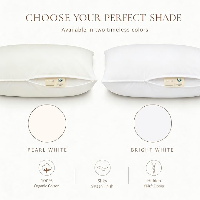 Makemake Organics Organic Pillow Protector (Set of 2) GOTS Certified Organic Cotton Pillow Protectors Natural Breathable Barrier Standard Pillow (21x26, Bright White)