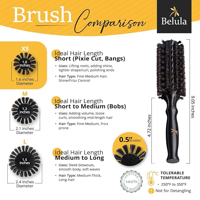 Belula 100% Soft Boar Bristle Round Brush for Blow Drying Set. Round Hair Brush With Small 1.6” Wooden Barrel. Hairbrush Ideal to Add Volume and Body. Free 3 x Hair Clips & Travel Bag.