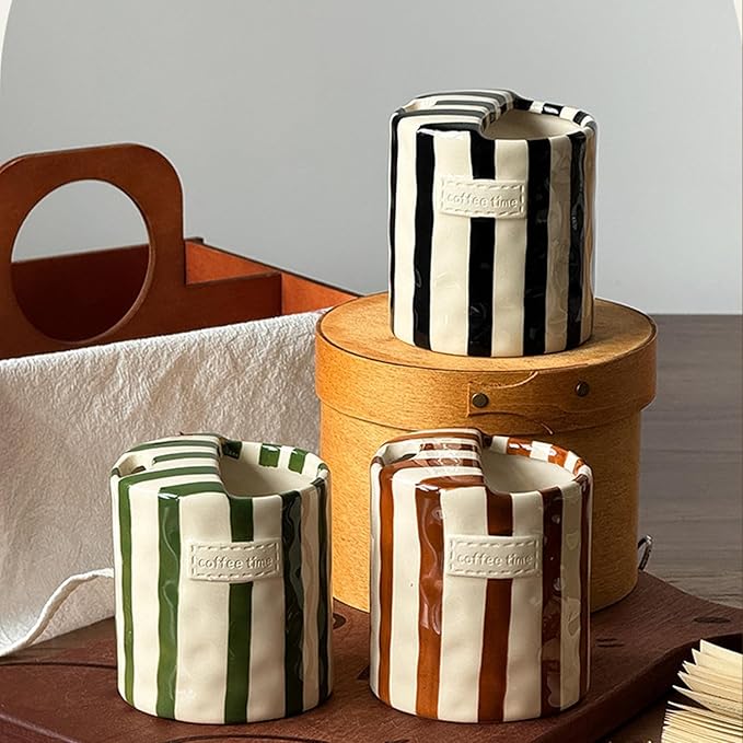Shelprojsu 10oz Ceramic Coffee Mug,Retro Striped Coffee Cups,with Sip hole Espresso Ceramic Cup,novelty Hand-Painted Striped Travel Mugs-ideal Gift for Coffee Lovers(Green)