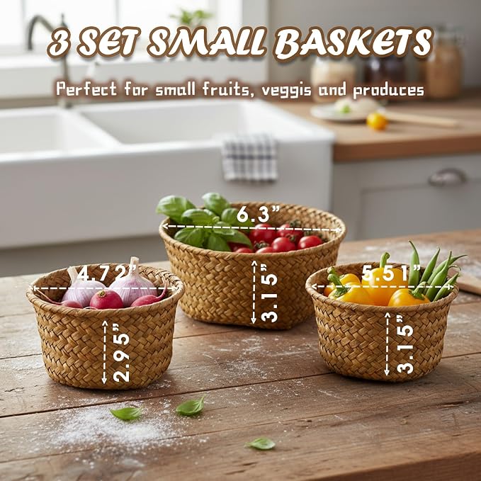 3 Set Small Seagrass Woven Storage Baskets, Natural Woven Round Basket Bin for Farmhouse Kitchen Countertop Pantry Shelf Organization, Stackable Mini Fruit Vegetable Holder