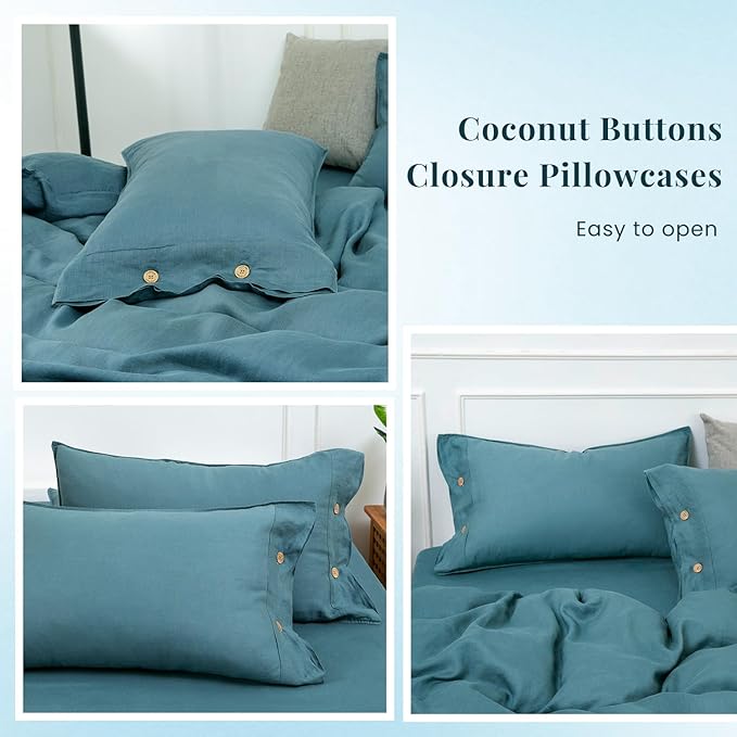 S VICTORY SYMBOL 100% Pure Linen Duvet Cover Set 3pcs,Natural French Washed Flax Solid Color Breathable(1 Duvet Cover and 2 Pillowcases) with Coconut Buttons Closure(Full,Mineral Blue)