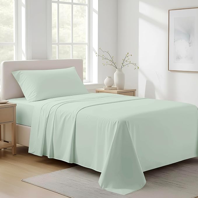 100% Organic Cotton Sheets Twin Size - 3 PC Organic Cotton Twin Size Percale Weave Sheet Set, Soft, Cooling, Crisp & Breathable, 16" Deep Pocket Hotel Quality Bedding Set - Sea Foam
