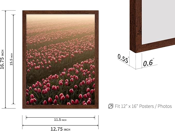 Monem Art Golden Tulip Field Sunset Photography Print - Romantic Spring Landscape Art Poster - Wall Decor for Living Room, Bedroom or Office - 12x16 Brown Framed Wall Art by Mareike Bohmer
